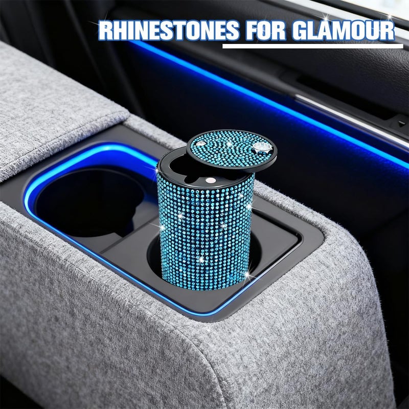 FALVFUN Bling Car Ashtray, Rhinestones Smokeless Smell Proof Vehicle Cup Holder Ash Tray with Lid, Sparkling Diamond Portable Automotive Interior Ashtray, Universal for SUV RV Truck (Light Blue) - Image 5